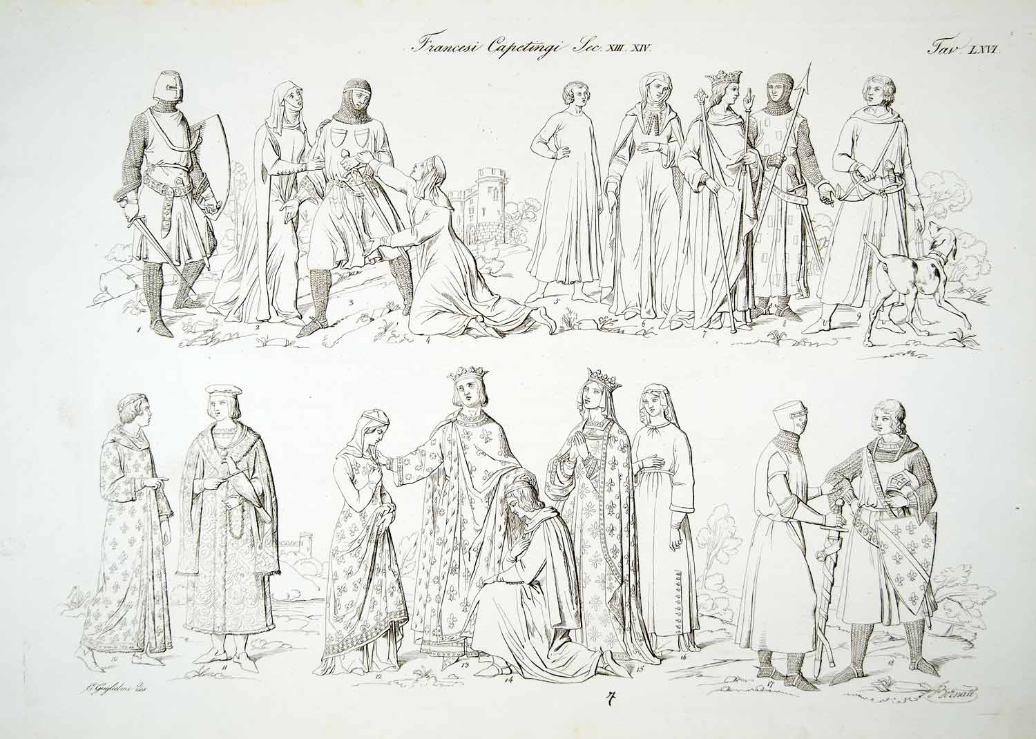 1834 Copper Engraving Costume Capetian Dynasty Medieval Royalty Knight Mail ILC2