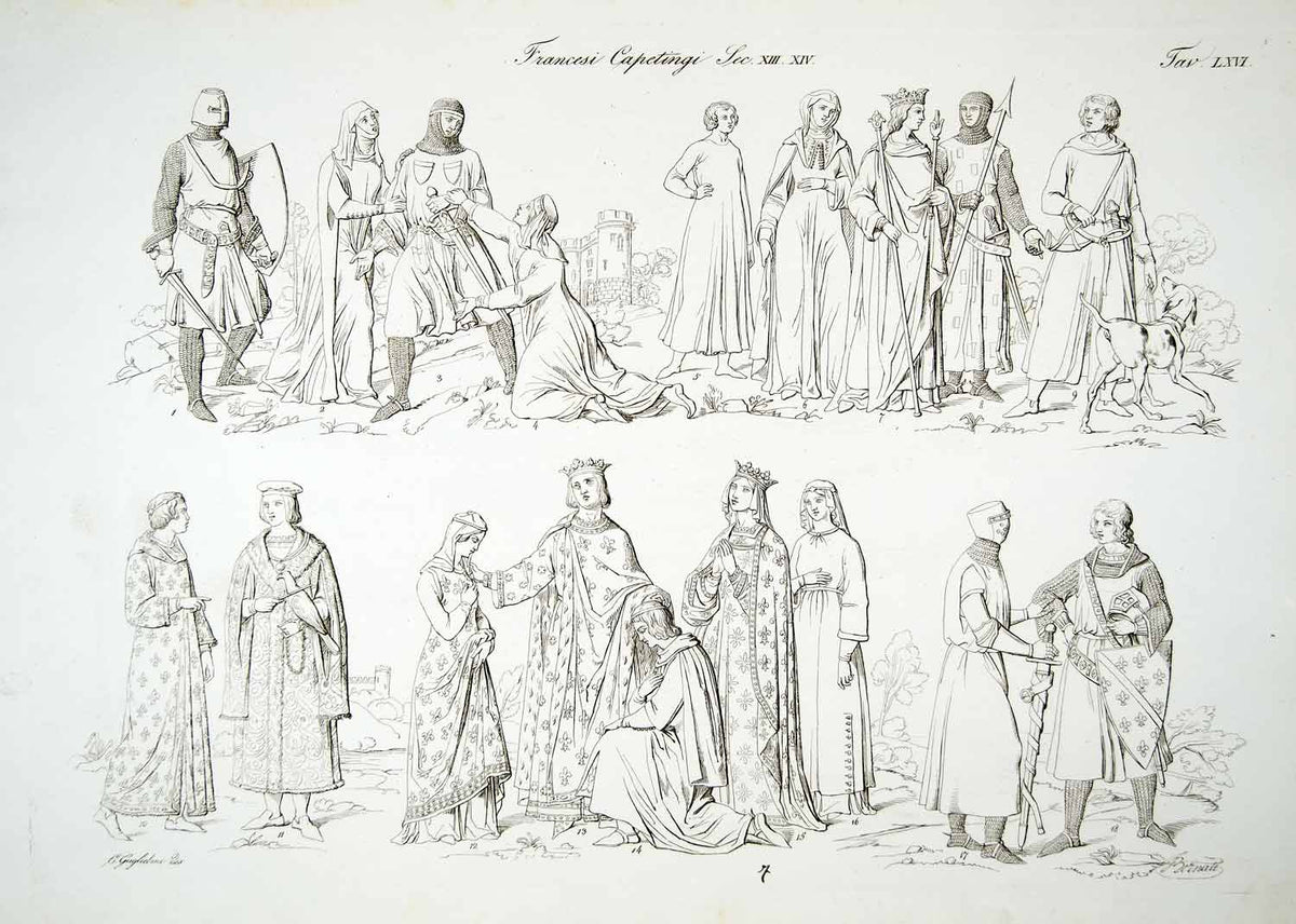 1834 Copper Engraving Costume Capetian Dynasty Medieval Royalty Knight ...