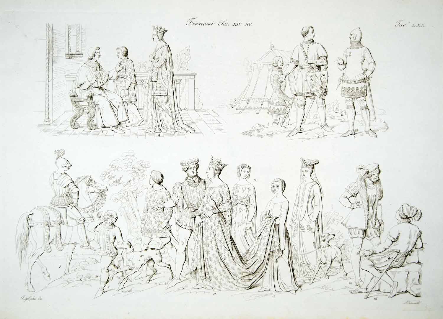 1834 Copper Engraving Costume French Medieval Queen Nobles Knights Armor ILC2