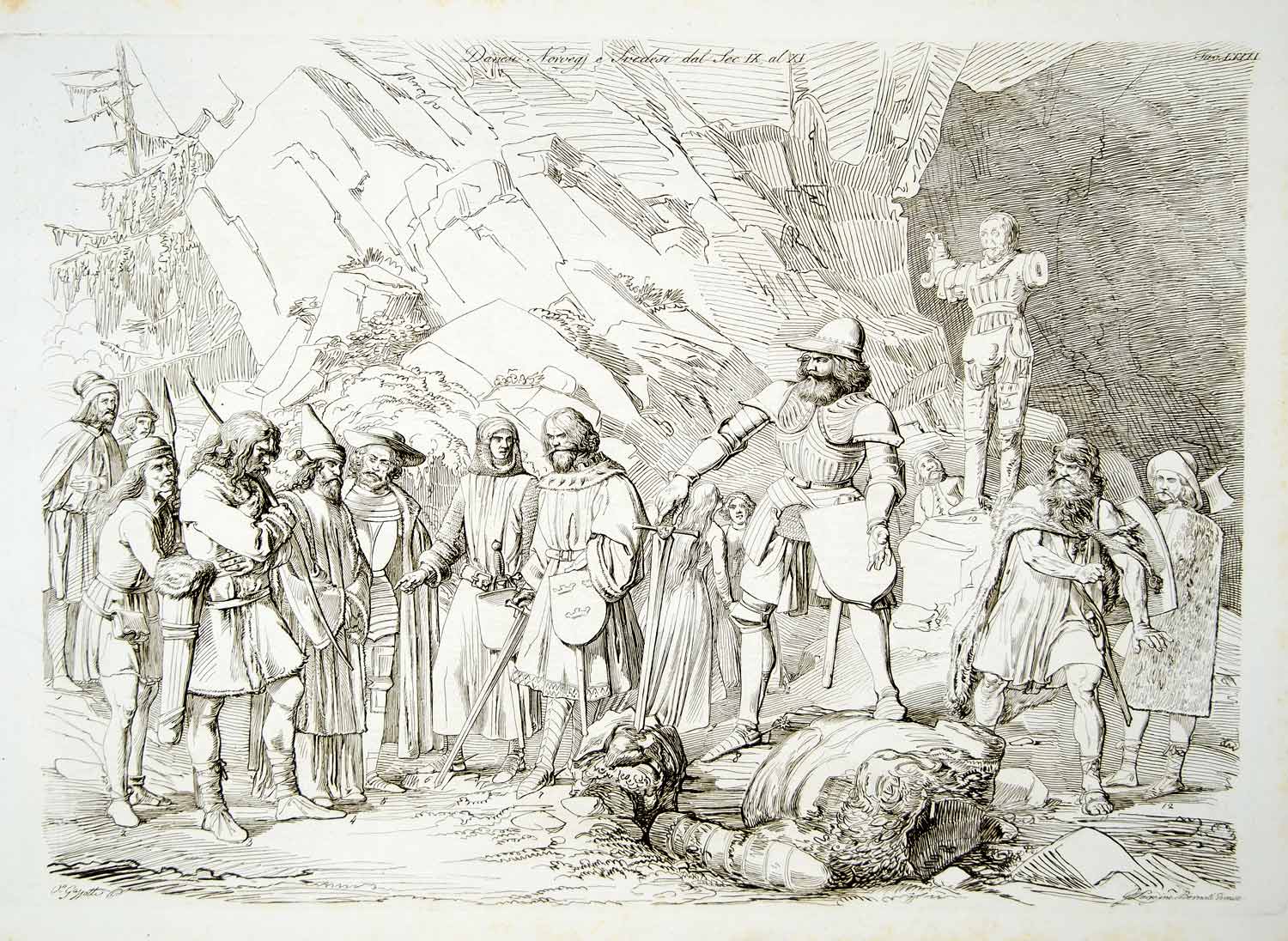 1834 Copper Engraving Costume Medieval Knight King Danish Norwegian Swedish ILC2