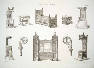 1843 Copper Engraving Antonio Bernati Art Medieval Renaissance Furniture ILC3