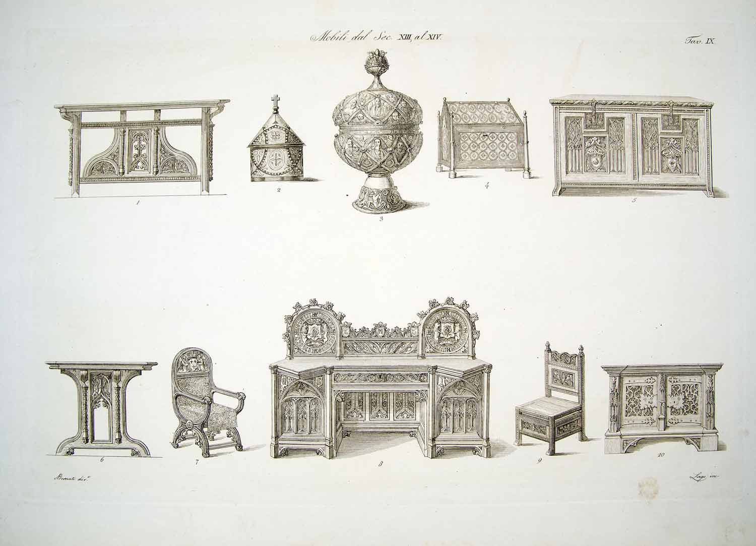 1843 Copper Engraving Antonio Bernati Art Italian Renaissance Furniture ILC3