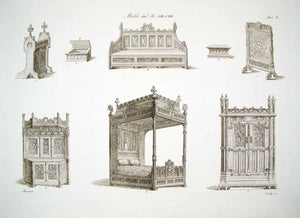 1843 Copper Engraving Antonio Bernati Art Medieval Furniture Faldstool Bed ILC3