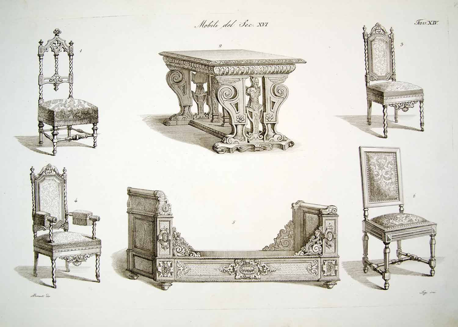 1843 Copper Engraving Antonio Bernati Art Furniture Italian Renaissance ILC3