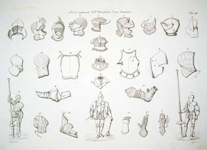 1843 Copper Engraving Antonio Bernati Art Medieval Knight Armor Helmet ILC3