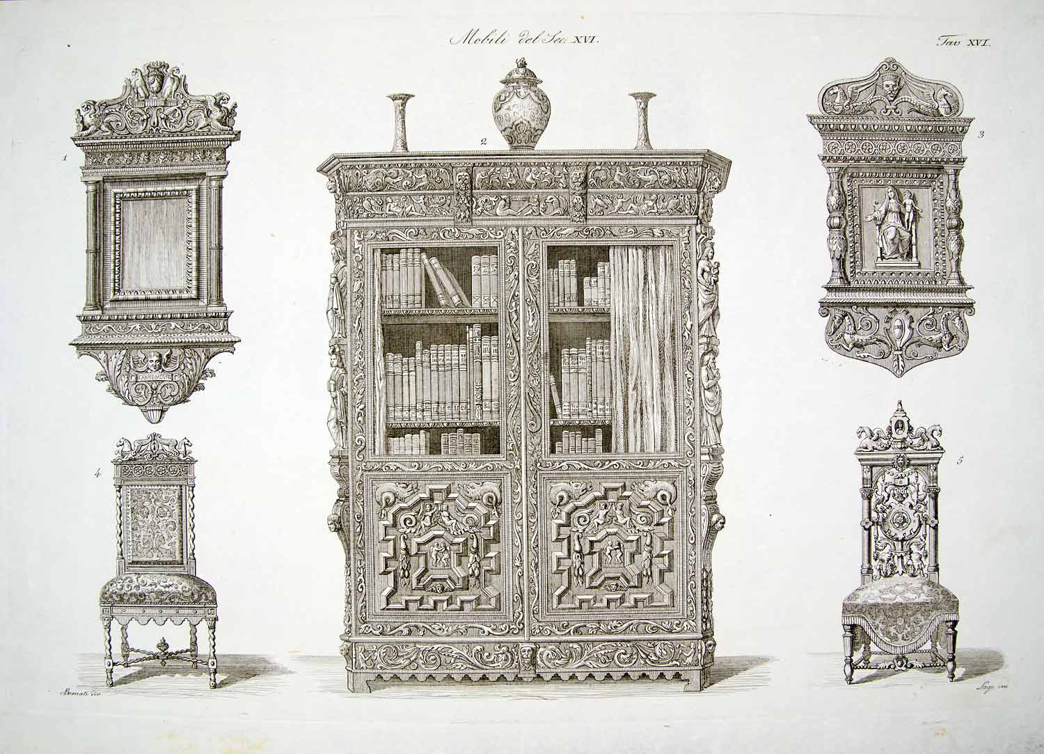 1843 Copper Engraving Antonio Bernati Art Renaissance Furniture Bookcase ILC3