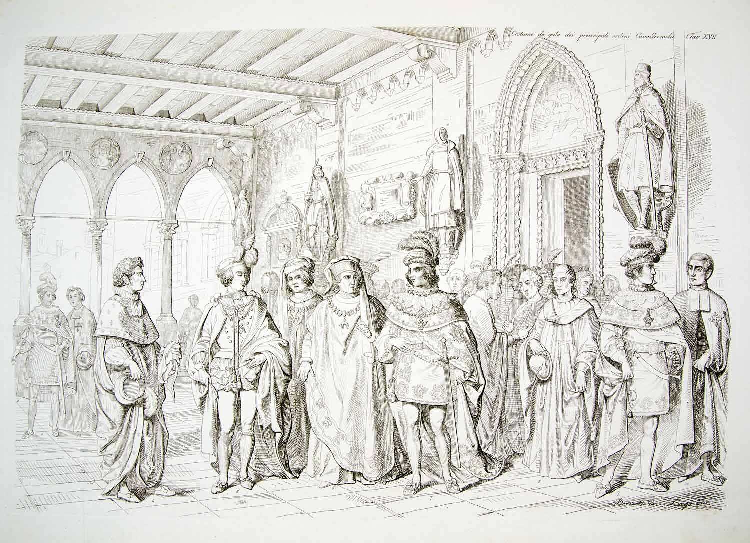 1843 Copper Engraving Antonio Bernati Art Medieval Costume Knighthood Order ILC3