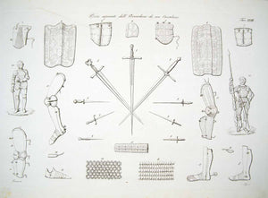 1843 Copper Engraving Antonio Bernati Art Medieval Knight Armor Weaponry ILC3