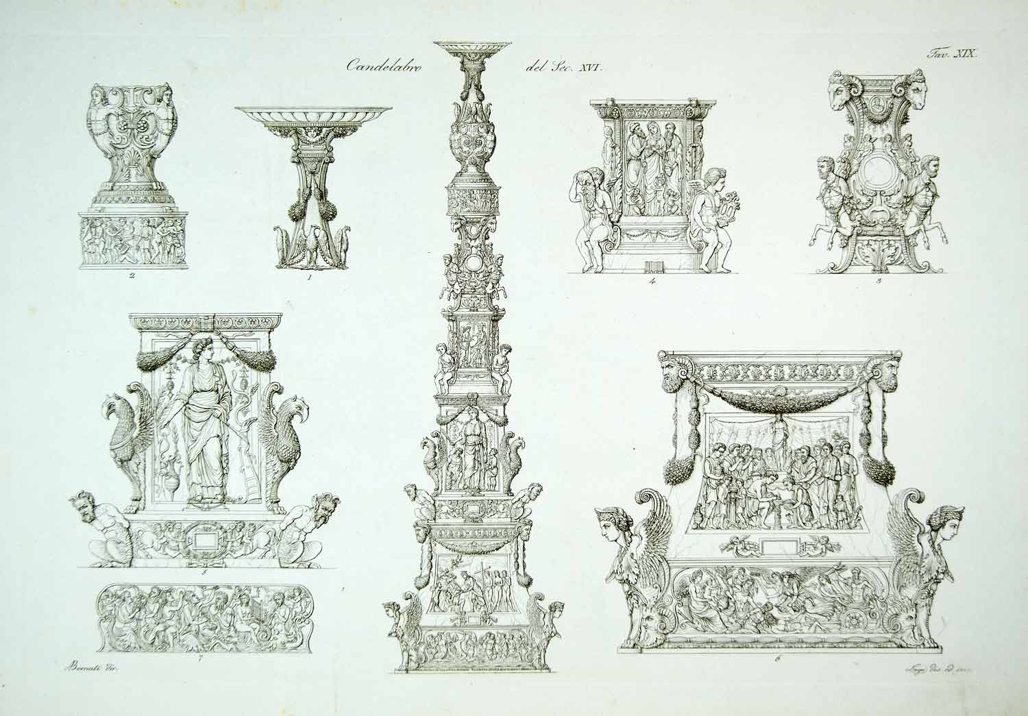 1843 Copper Engraving Antonio Bernati Art Riccio Candlestick Renaissance ILC3