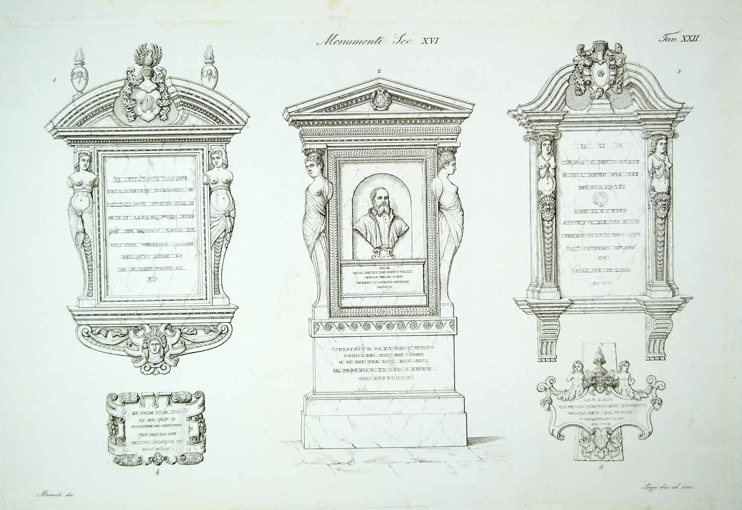 1843 Copper Engraving Antonio Bernati Baroque Architecture Monument Nude ILC3