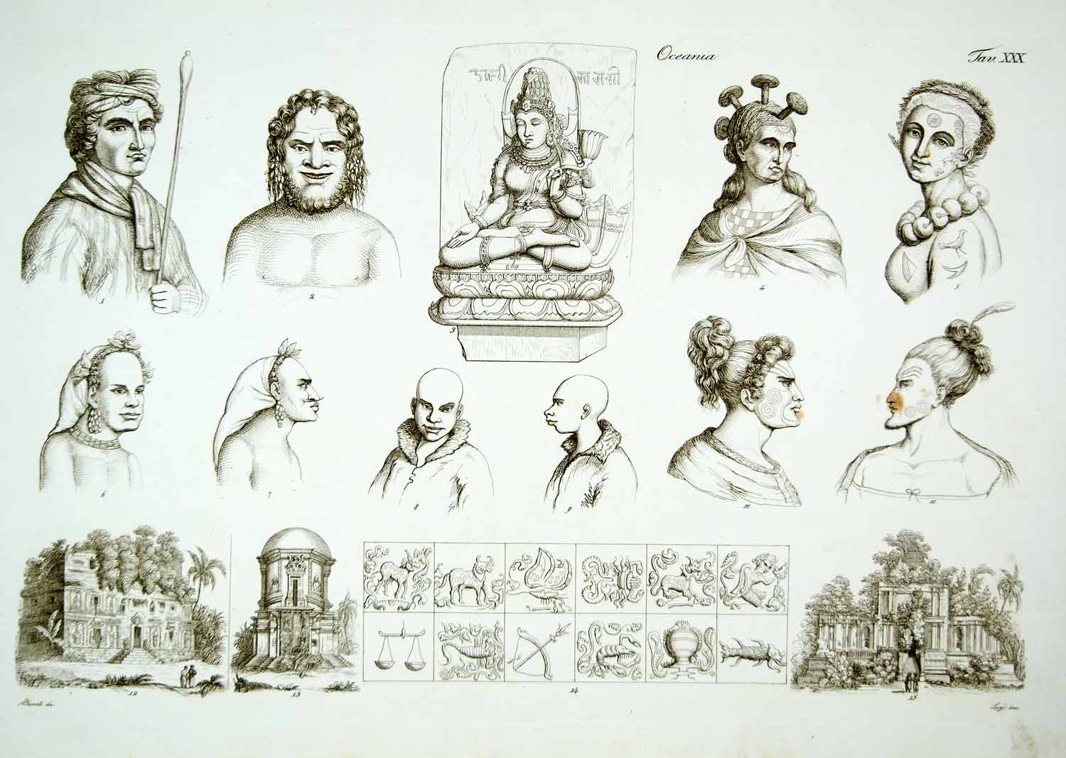 1843 Copper Engraving Antonio Bernati Art Indonesia Costume Tattoo Nude ILC3