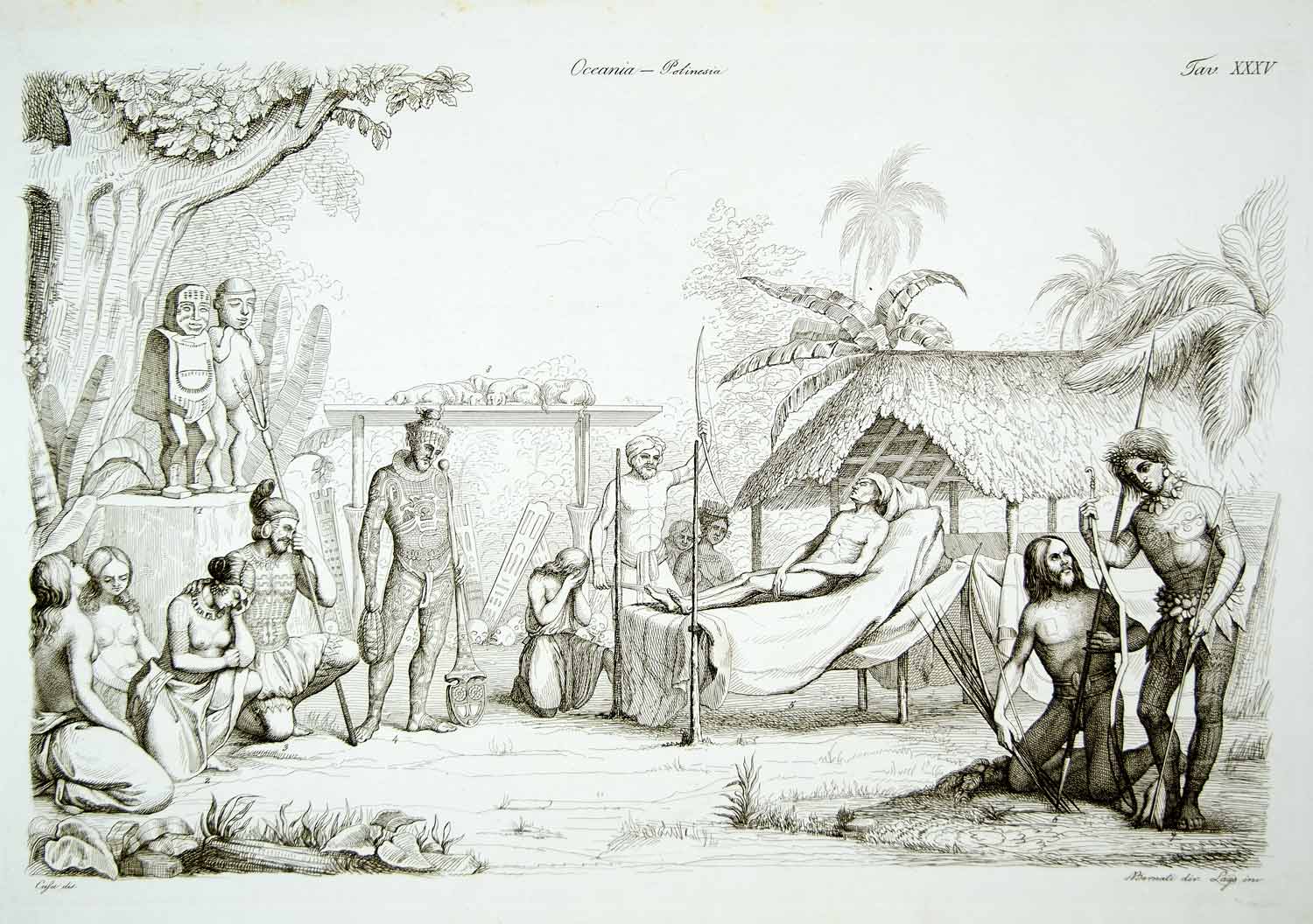 1843 Copper Engraving Giacomo Casa Art Tahiti French Polynesia Costume Nude ILC3
