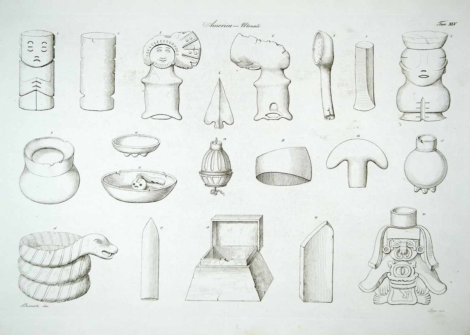 1843 Copper Engraving Antonio Bernati Art Central America Archaeology Idols ILC3