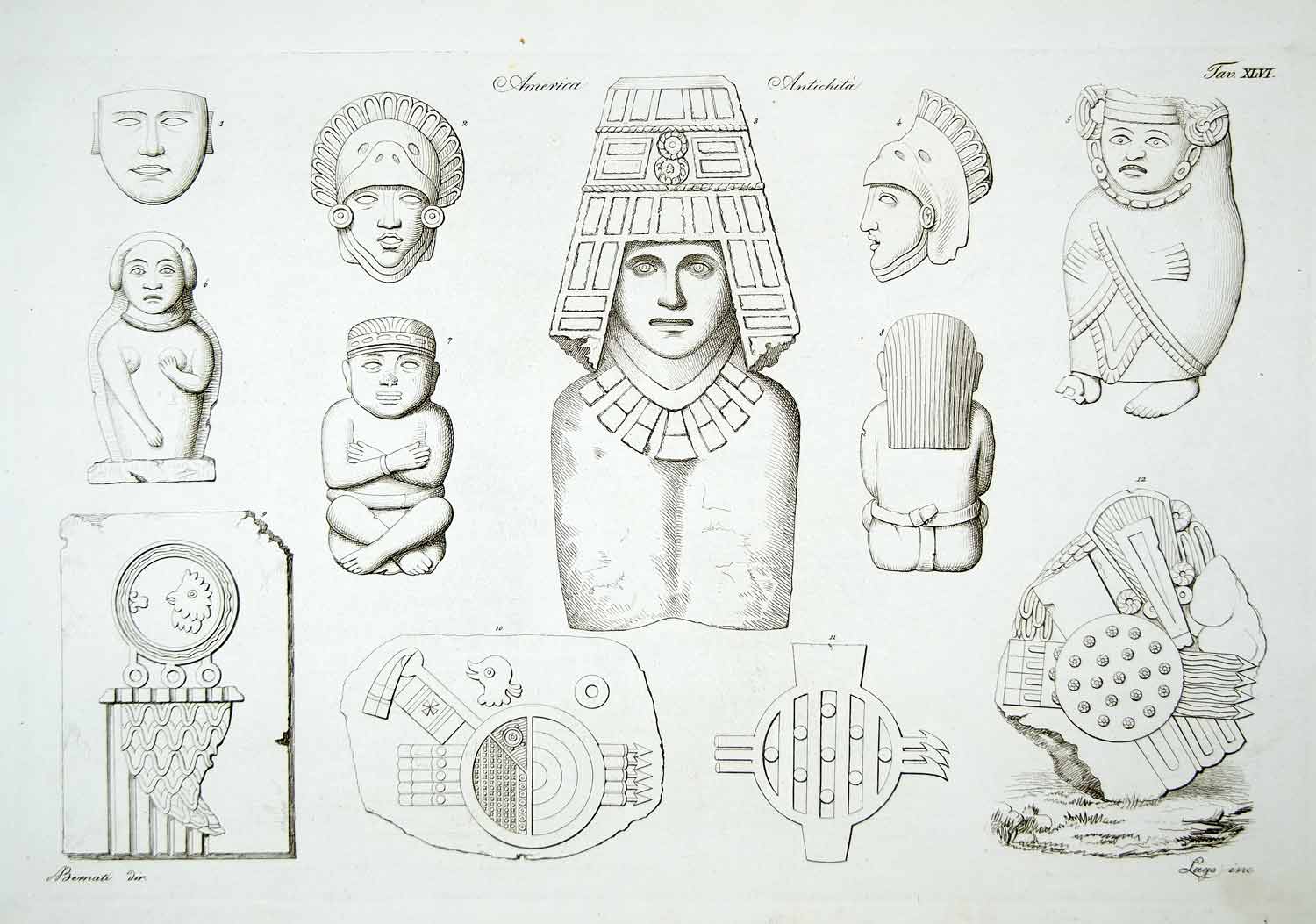 1843 Copper Engraving Antonio Bernati Art Archaeology Central America Masks ILC3