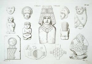 1843 Copper Engraving Antonio Bernati Art Archaeology Central America Masks ILC3
