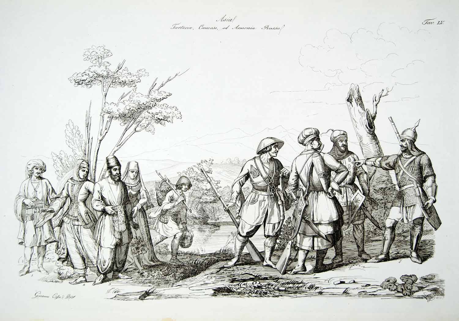 1843 Copper Engraving Giacomo Casa Art Tartar Uzbeks Armenian Costume Dress ILC3