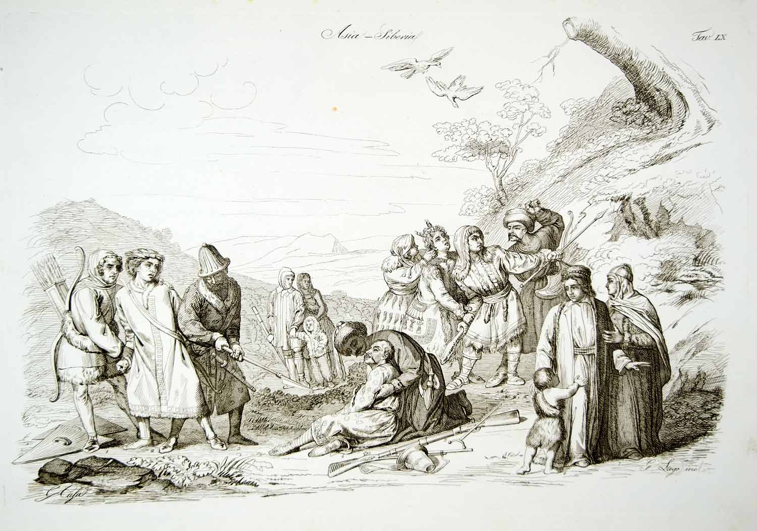 1843 Copper Engraving Giacomo Casa Art Nenets Aleuts Kyrgyz Tartars Costume ILC3