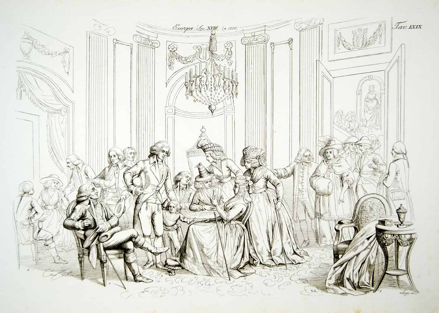1843 Copper Engraving Giacomo Casa Art 18th Century Costume Wigs Toupees ILC3