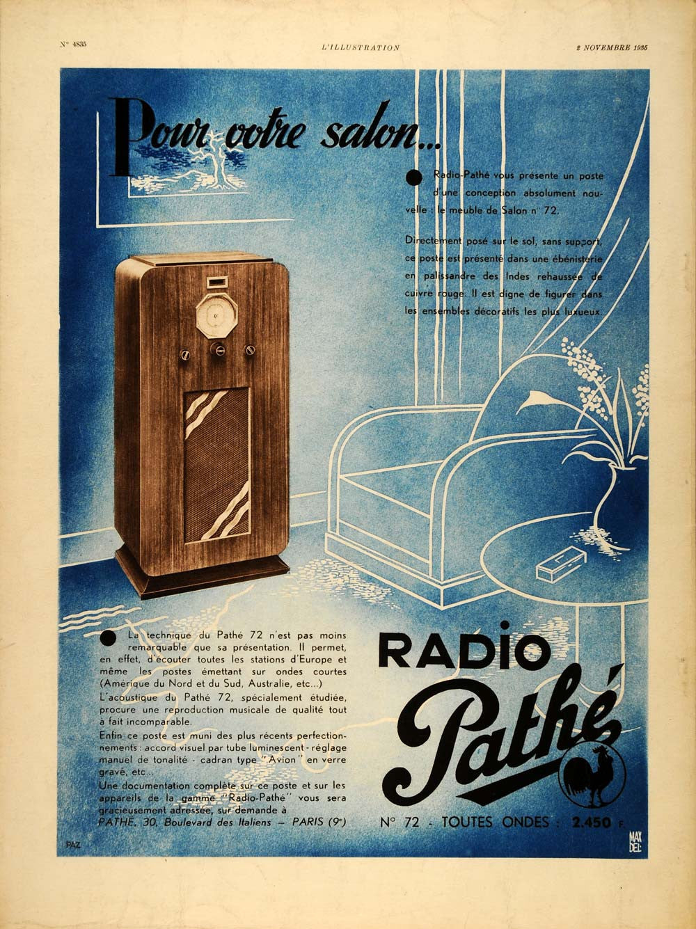 1935 French Ad Radio Pathe No. 72 Cabinet Lithograph - ORIGINAL ADVERTISING ILL1 - Period Paper
