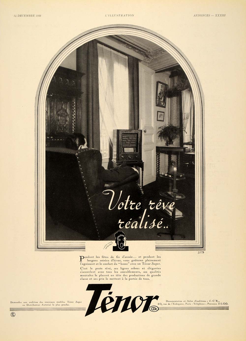 1935 French Ad Tenor Radio Cabinet Living Room Chair - ORIGINAL ADVERTISING ILL1