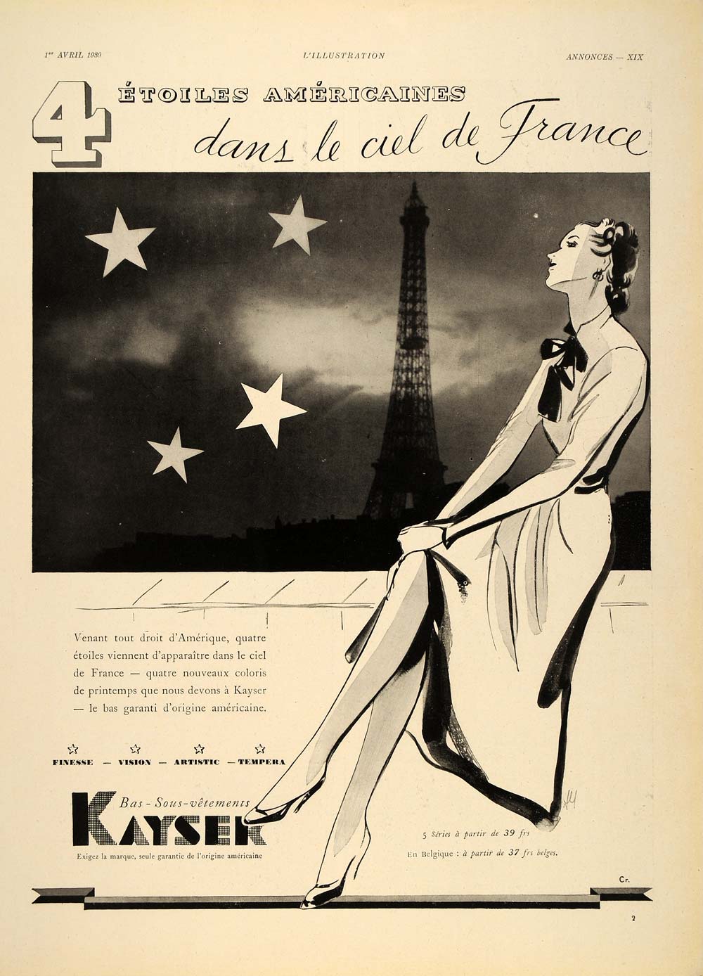 1939 French Ad Kayser Underwear Lingerie Eiffel Tower - ORIGINAL ILL1
