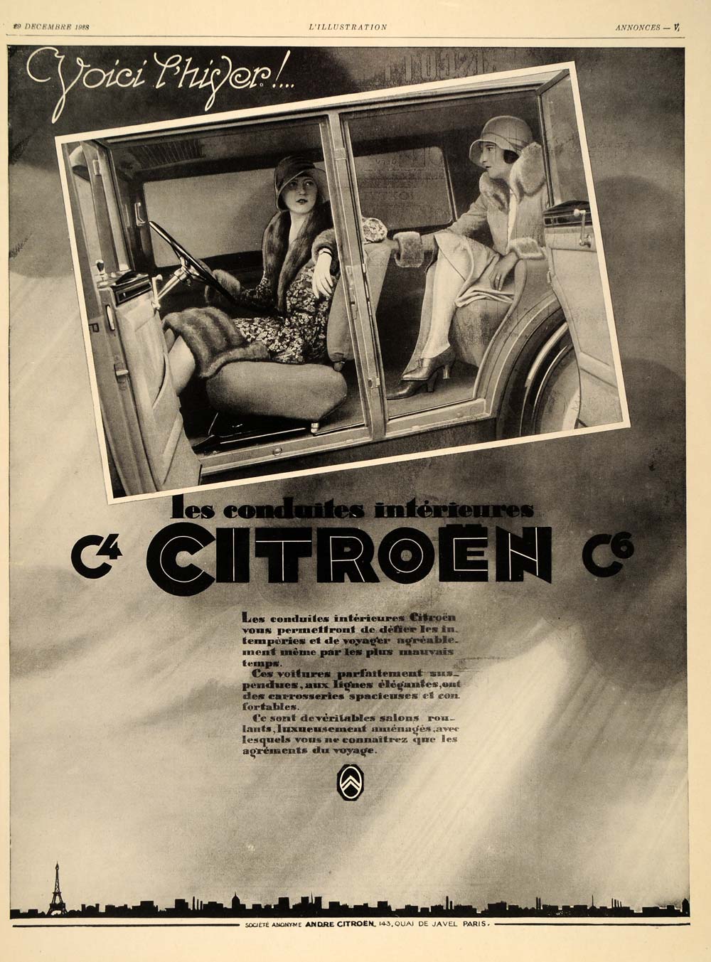 1928 French Ad Citroen Vintage Car Interior Automobile - ORIGINAL ILL1