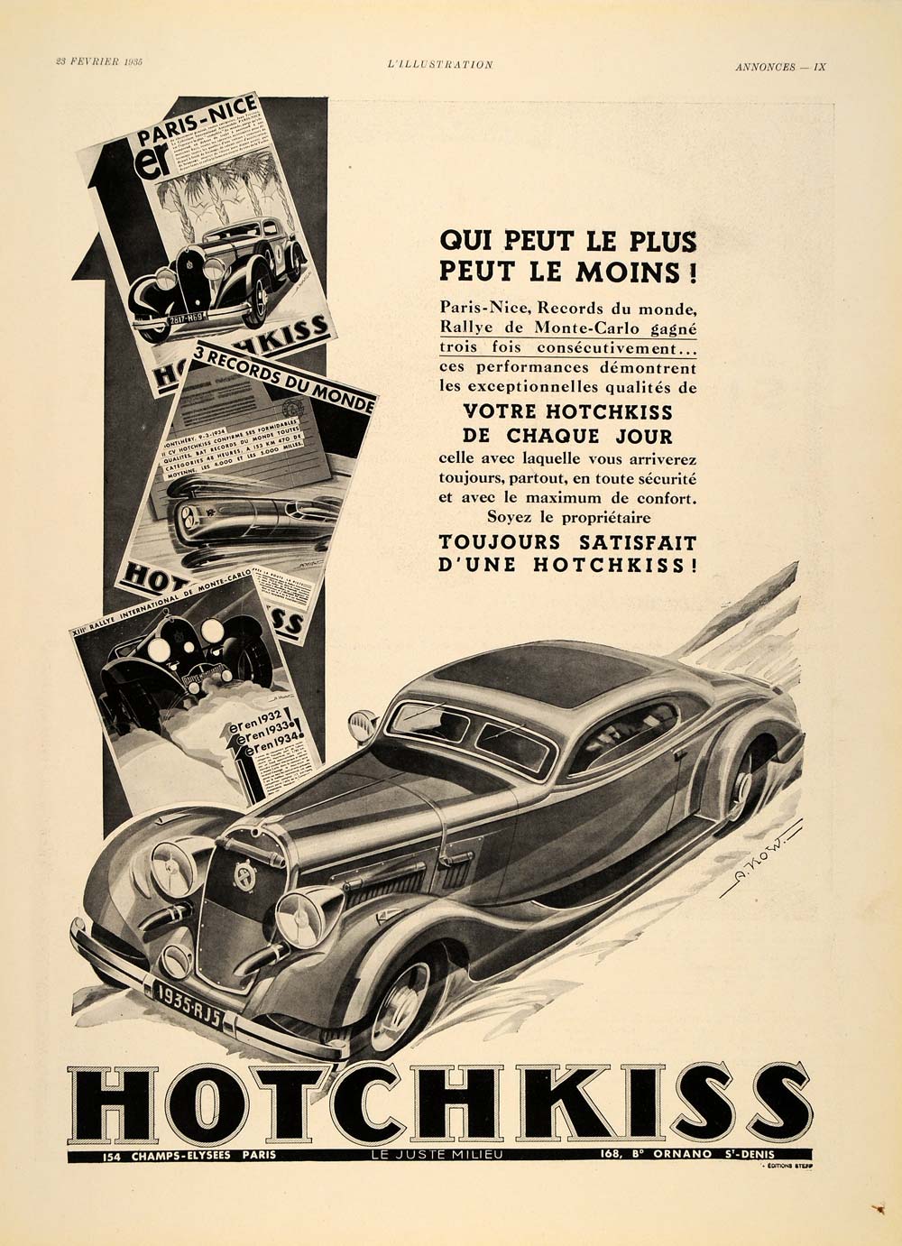 Publicité Presse Originale 1935 – Voitures Hotchkiss – Noir & Blanc – Automobile
