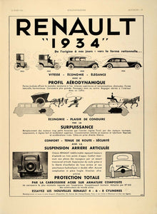 1934 French Ad Renault Vintage Car Sedan Automobile - ORIGINAL ADVERTISING ILL1