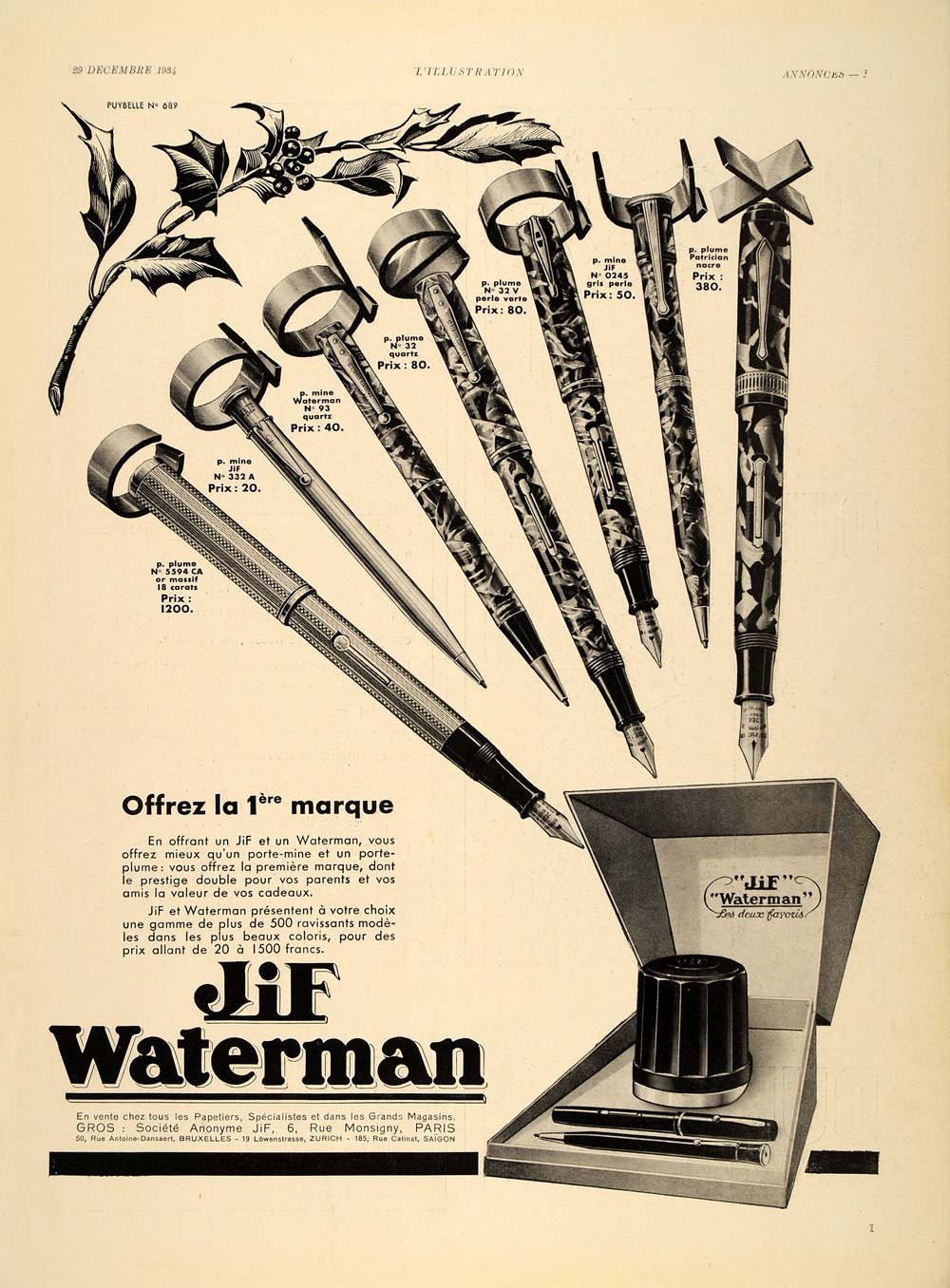 1934 French Ad Jif Waterman Fountain Pens Christmas - ORIGINAL ADVERTISING ILL1