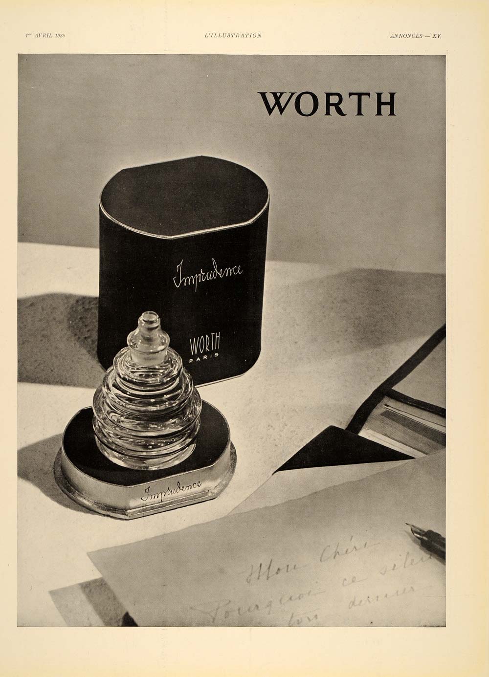 1939 French Ad Worth Parfum Imprudence Perfume Bottle - ORIGINAL ILL1