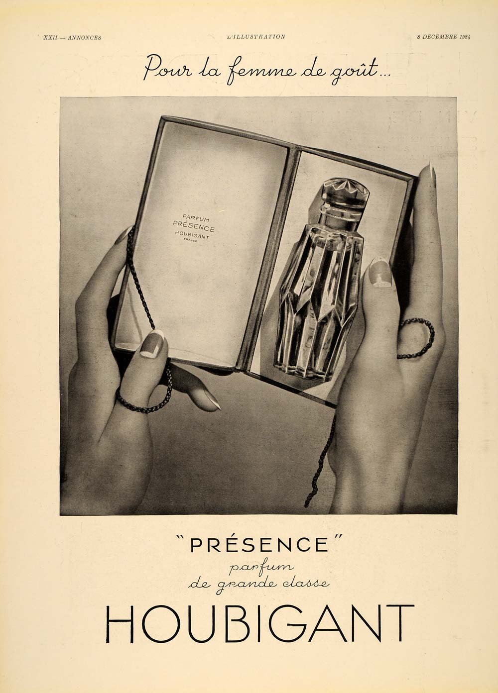 1934 Ad French Perfume Bottle Parfum Houbigant Presence Box Gift Fragrance ILL1