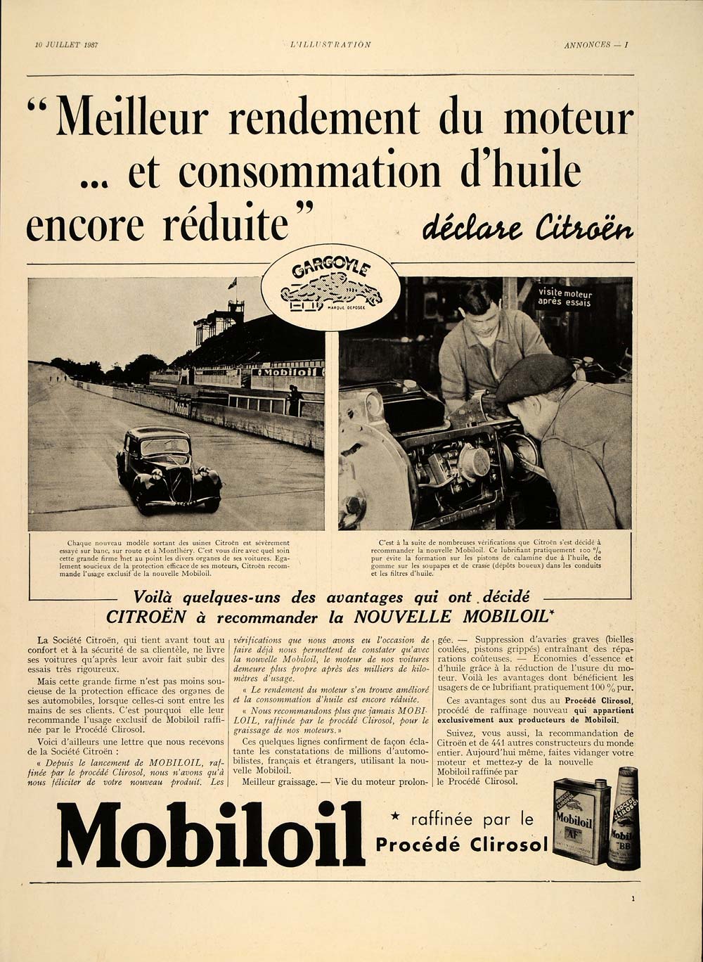 1937 French Ad Mobil Oil Gargoyle Mobiloil BB Citroen - ORIGINAL ILL1