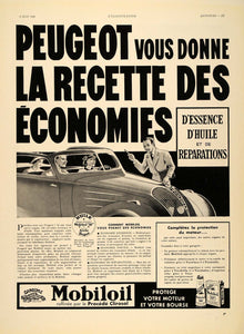 1939 French Ad Gargoyle Mobiloil Mobile Oil Peugeot Car - ORIGINAL ILL1