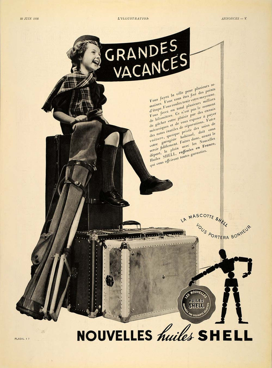 1938 French Ad Shell Oil Huiles Girl Luggage Mascot - ORIGINAL ADVERTI ...