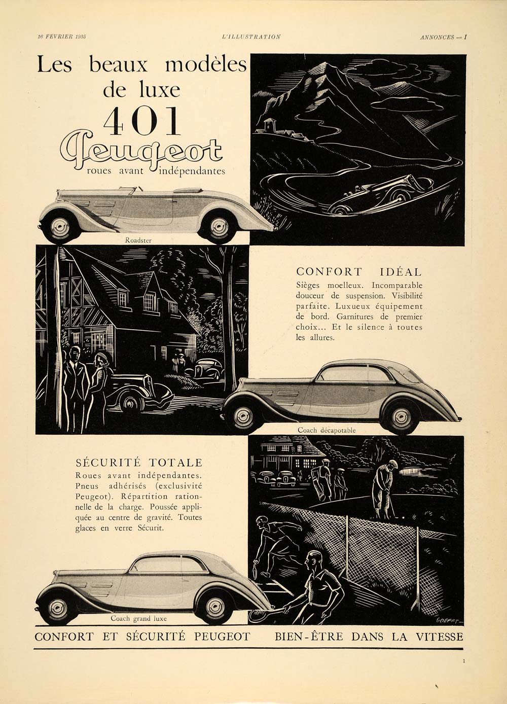 1935 French Ad Peugeot 401 Vintage Roadster Convertible - ORIGINAL ILL1