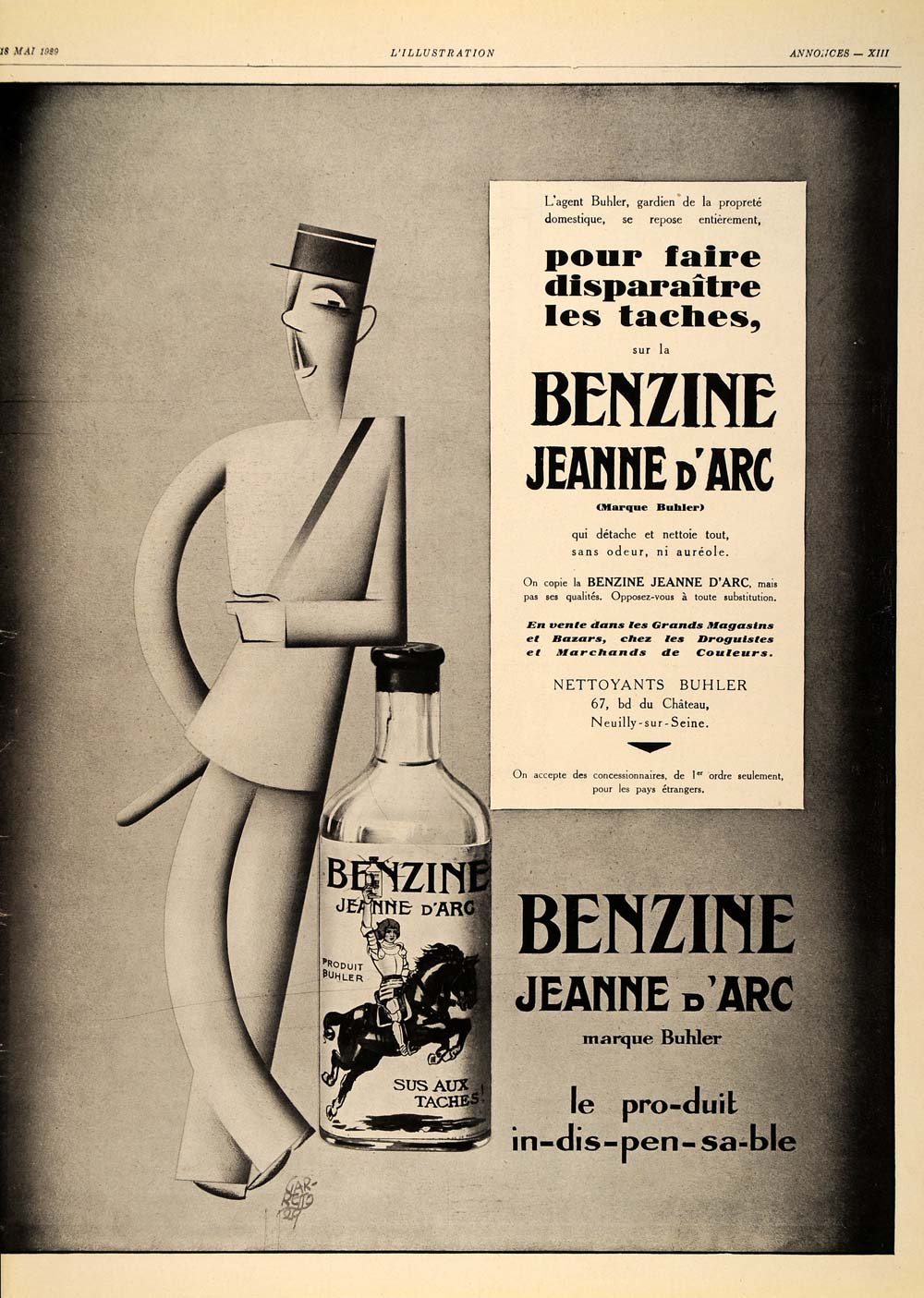 1929 French Ad Benzine Jeanne d'Arc Garretto Art Deco - ORIGINAL ILL1