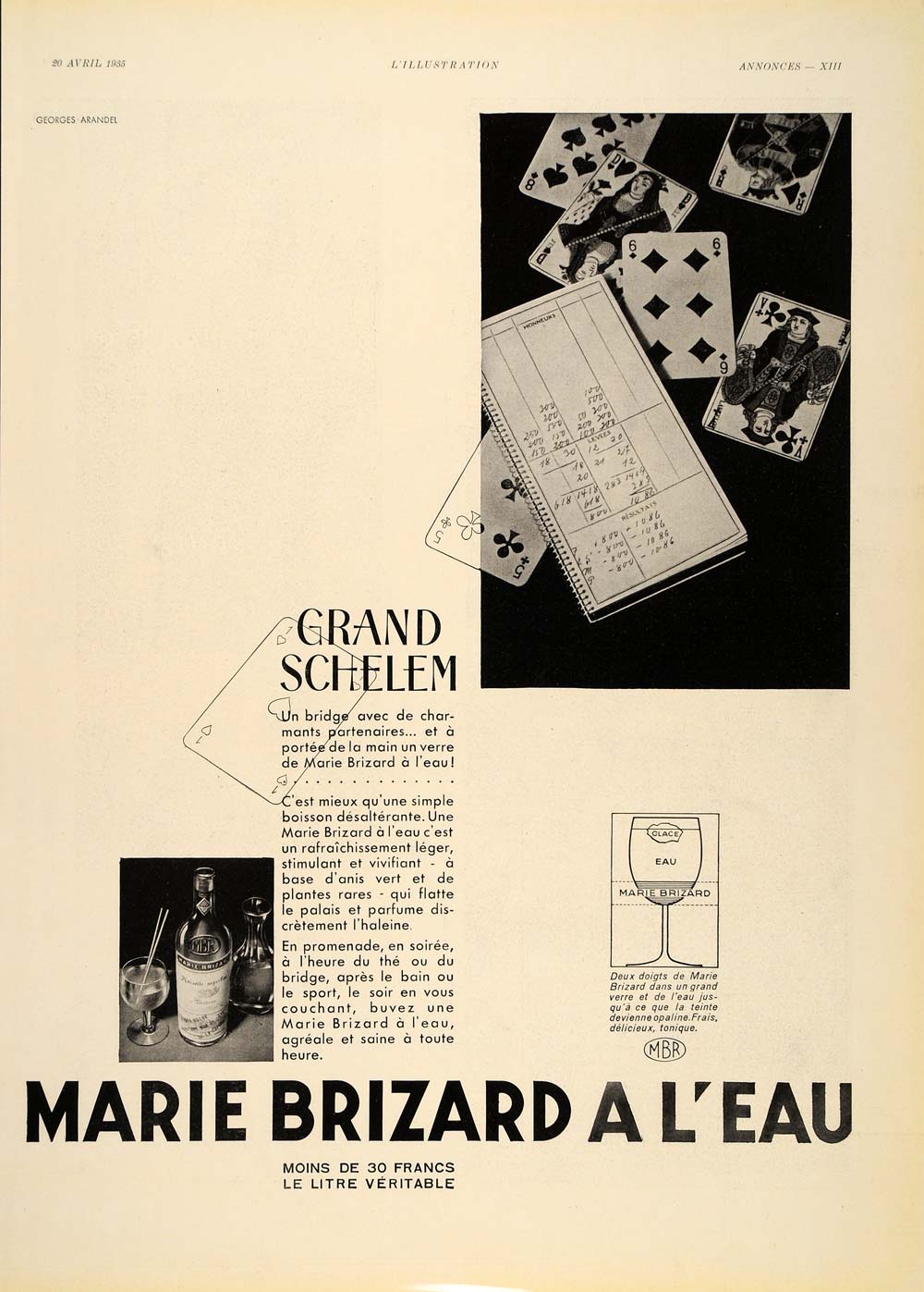 1935 French Ad Marie Brizard Liqueurs Wine Bridge Cards - ORIGINAL ILL1