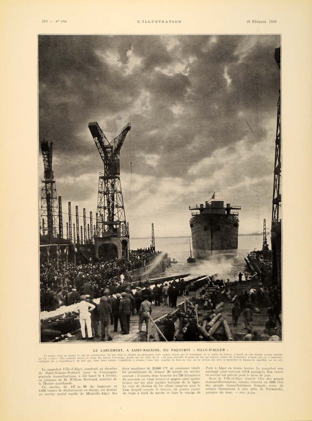 1935 Ville d'Alger French Steamship Launching B/W Print ORIGINAL HISTORIC ILL1