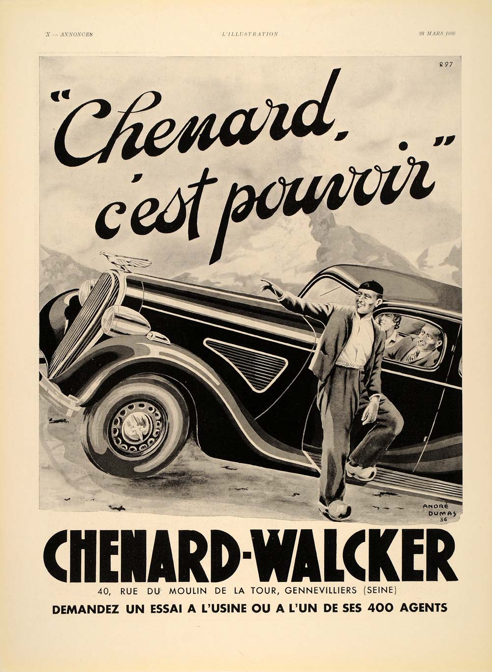 1936 French Ad Vintage Chenard Walcker Car France Auto - ORIGINAL ILL2