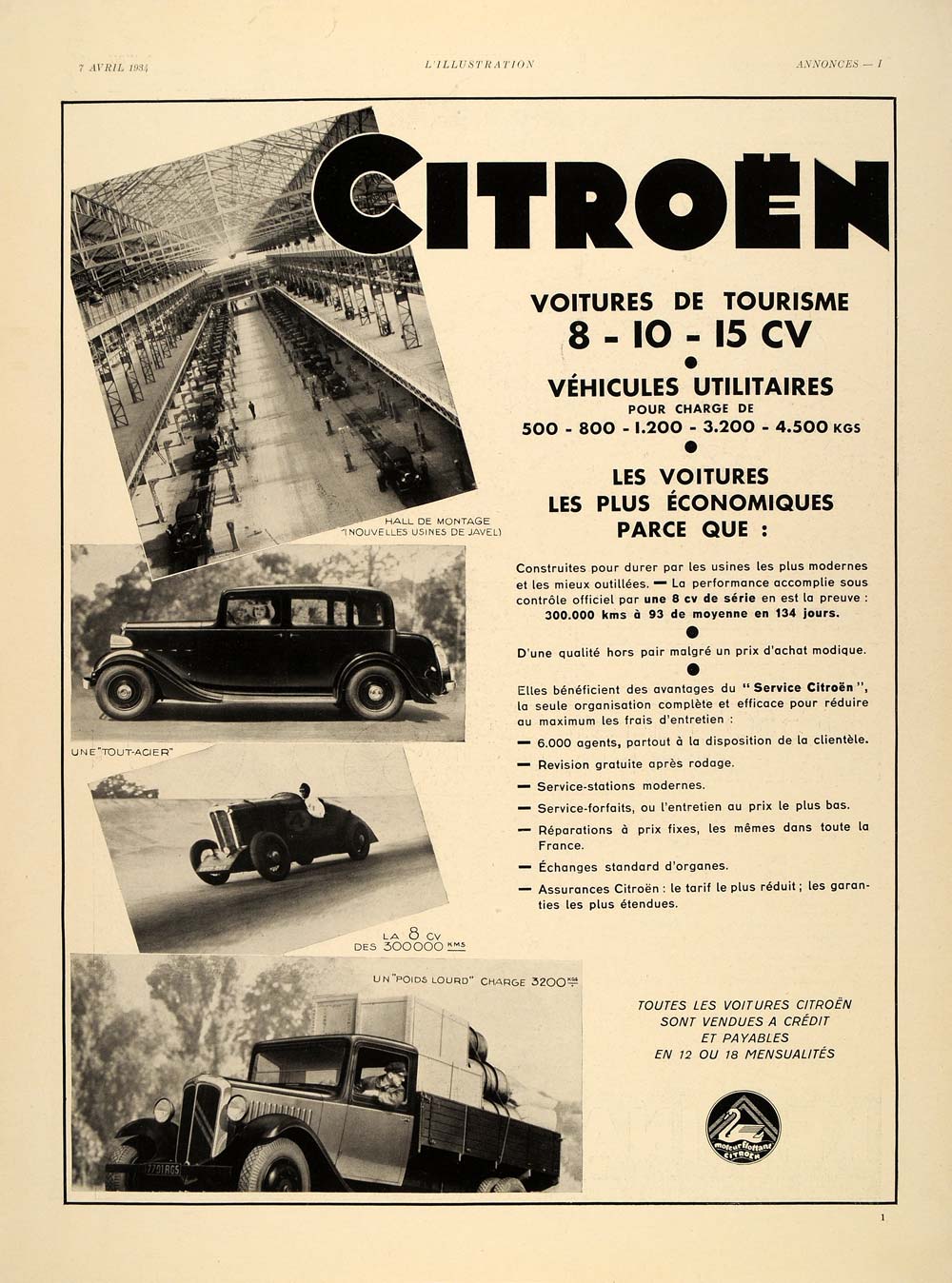 1934 French Ad Citroen Car Truck Factory Assembly Line - ORIGINAL ILL2