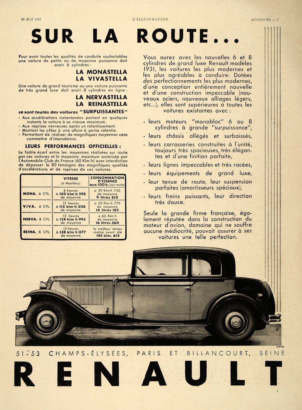 1931 French Ad Renault Vintage Car Monastella Antique - ORIGINAL ILL2