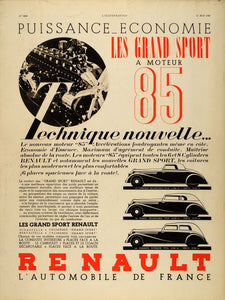 1935 French Ad Renault Les Grand Sport Car Lithograph - ORIGINAL ILL2