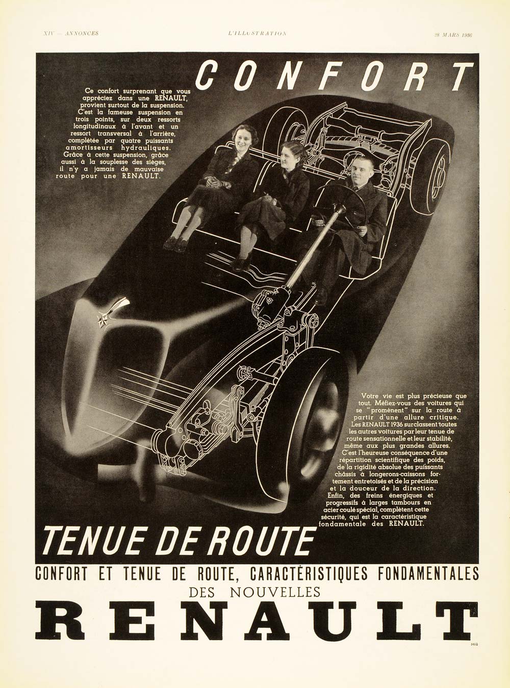 1936 French Ad Renault Vintage Car Automobile Chassis - ORIGINAL