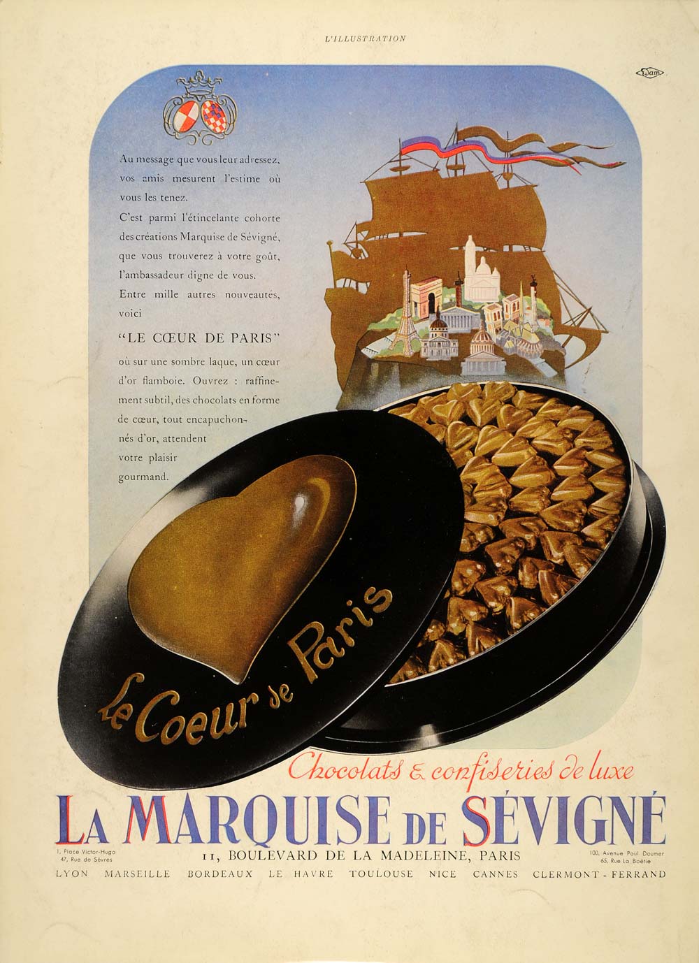 1937 French Ad Marquise de Sevigne Chocolate Coeur Box - ORIGINAL ILL2