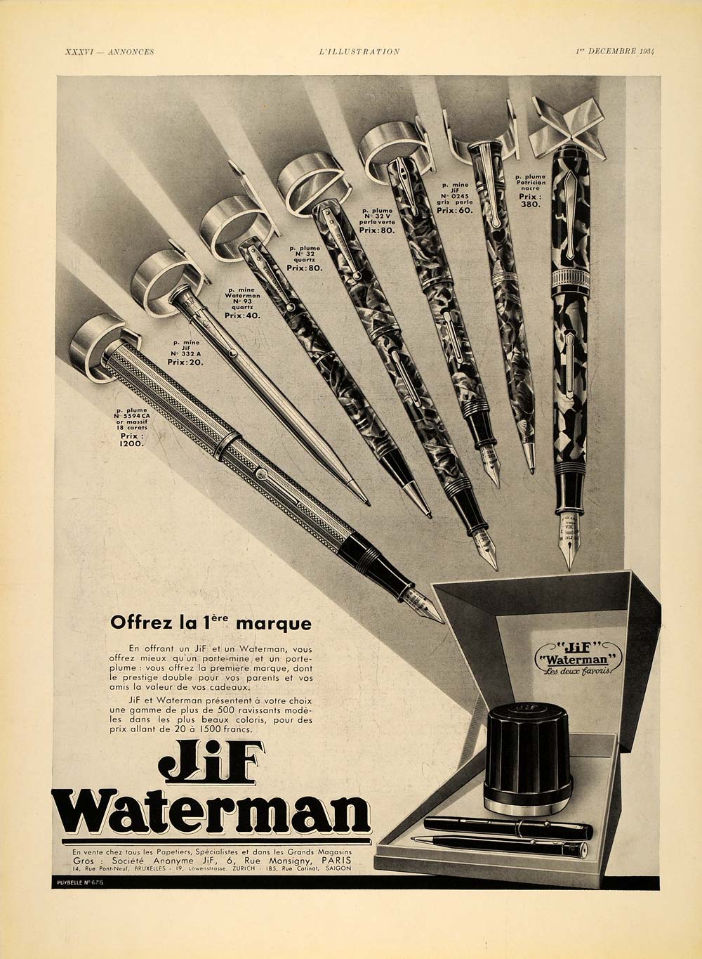 1934 French Ad Jif Waterman Fountain Pencils Pens Ink - ORIGINAL ILL2