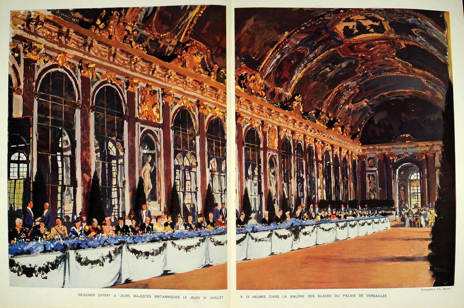 1938 Galerie des Glaces Versailles Royalty Lunch Print - ORIGINAL ILL2