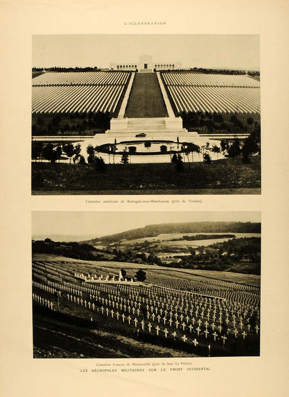 1934 WWI Cemetery French Belgian American France Print ORIGINAL HISTORIC ILL2