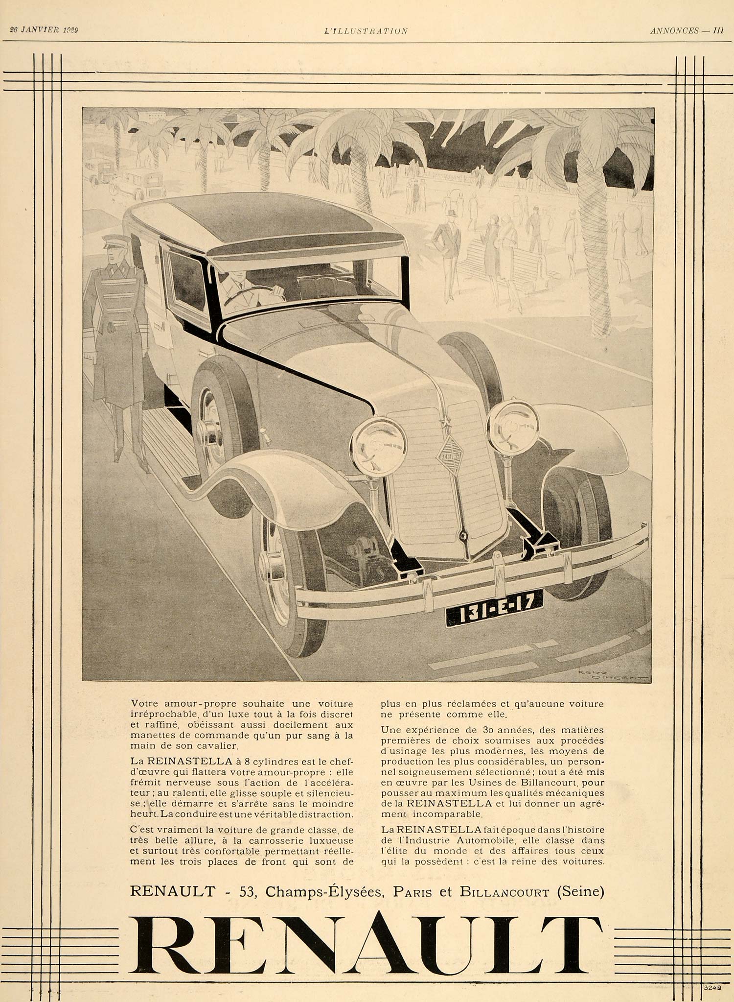 1929 Ad Renault Automobile Painting Rene Vincent Car French Deco