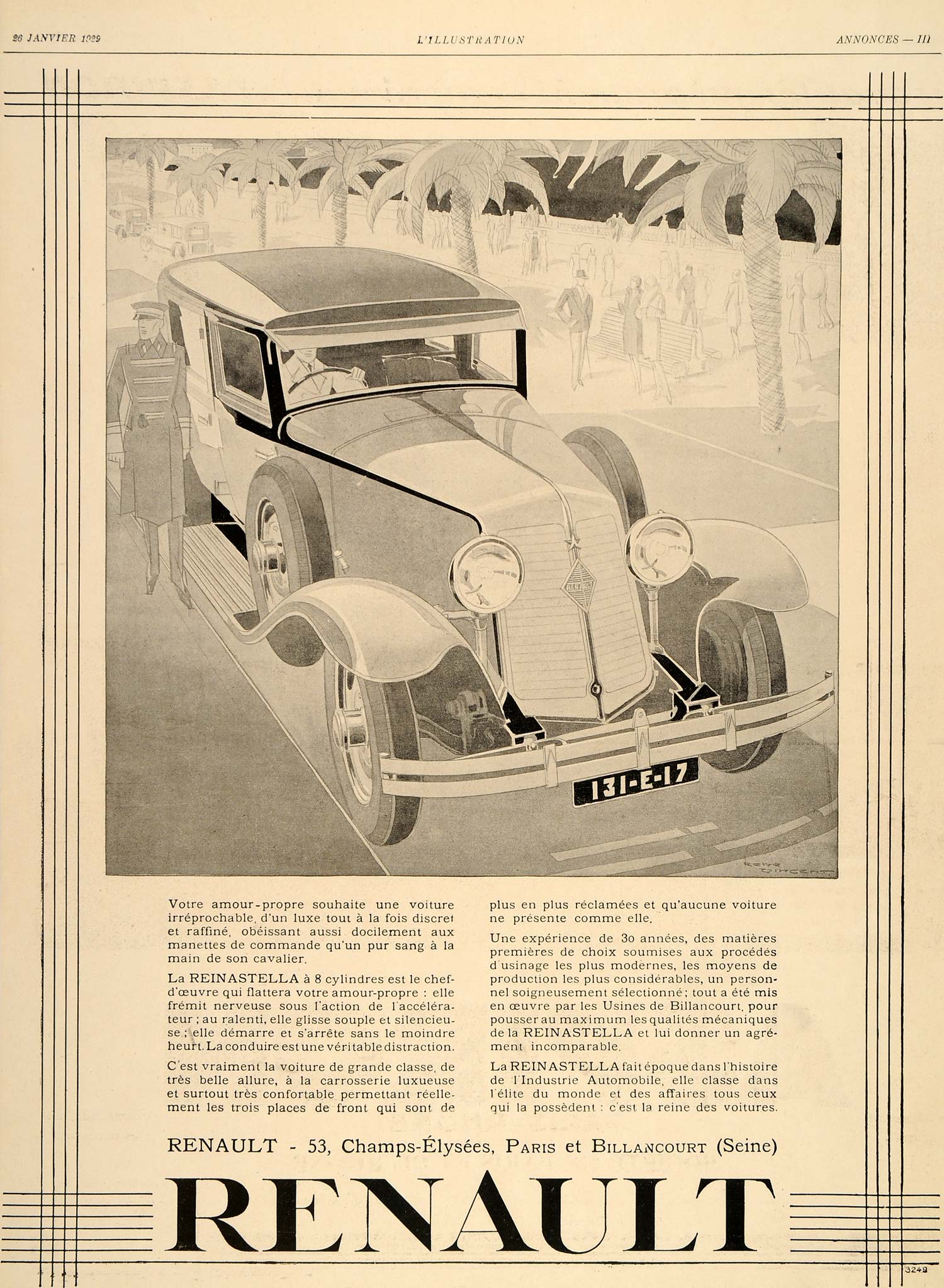 1929 Ad Renault Automobile Painting Rene Vincent Car French Deco ILL3