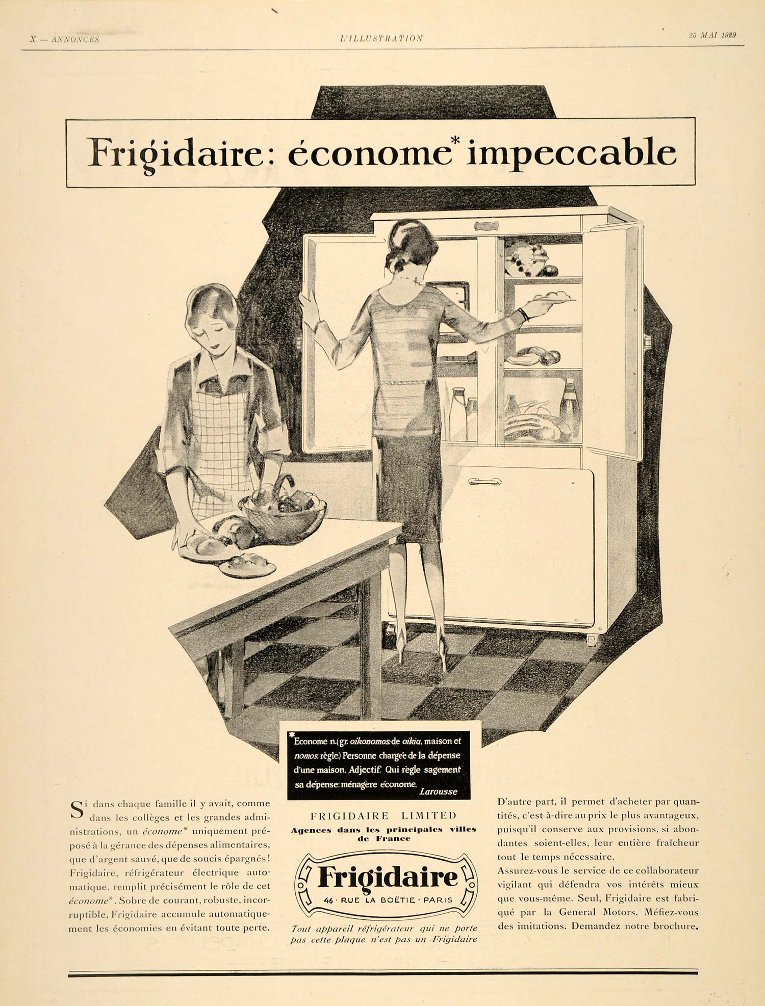 1929 Ad French Frigidaire Econome Housewife Femme Deco - ORIGINAL ILL3